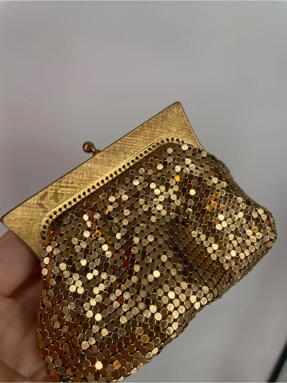 Vintage Shiny Gold Metal Mesh Chainmail Coin Purse Structured Metal Frame